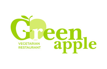 Green logo with word Green Apple, design elements apple, leaf at a white background. Design template for restaurant, cafe and canteens. Vector Illustration.