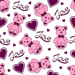 Seamless pattern with woman handbags and hearts. Vector illustration in cartoon style.
