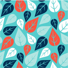 Seamless pattern with leaves on blue background. Vector illustration