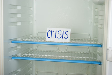 Label  the crisis in an empty refrigerator