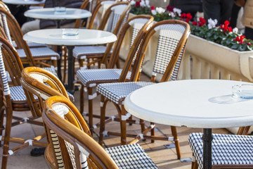 MONTE-CARLO, MONACO, on JANUARY 10, 2016. Little tables of outdoor cafe near Casino of Monaco