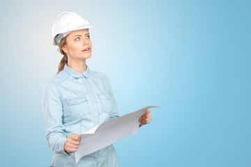 Woman construction worker with hard hat