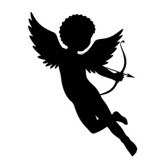 Black vector silhouette of a cupid shooting arrow. Isolated on white.