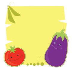 Vector illustration of funny cartoon tomato and eggplant on a yellow background. Place for text. Retro style.