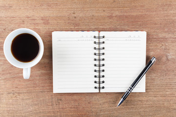 Blank open notebook with coffee cup, Business template mock up f