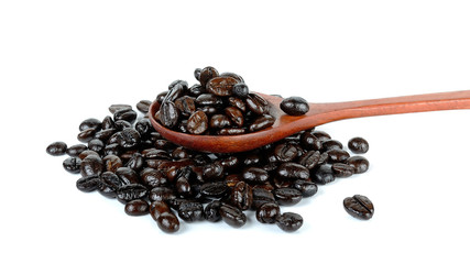 Coffee bean with wooden spoon isolated on white background