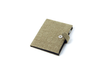 Green wallet(bag) cover for money, passport, paper closeup isola