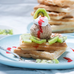 Waffeln mit Sojaeis,Kiwi,Sojasahne und Erdbeersoße, vegan