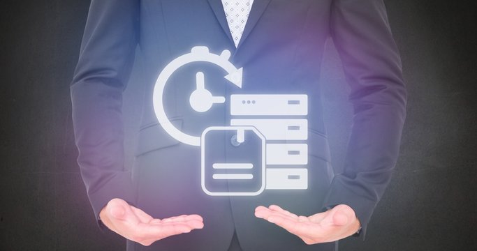 Composite image of businessman standing with hands out