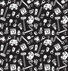 Cleaning objects icons black and white seamless pattern. 