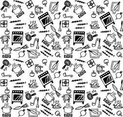 Cooking objects icons black and white seamless pattern. 