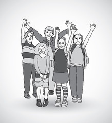 Group of happy children shadow gray scale. 