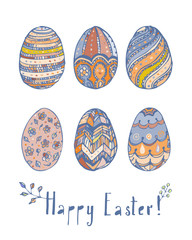 Happy Easter greeting card with Eggs and Lettering. Hand-written text and doodle spring flowers and Eggs decorated with ornaments