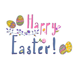 Happy Easter greeting card with spring flowers, eggs and rabbit elements composition.