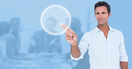 Composite image of handsome man making gun gesture