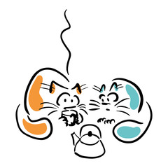 Two cats with teapot and cup