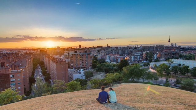 Panoramic sunset timelapse View of Madrid, Spain. Photo taken from the hills of Tio Pio Park, Vallecas-Neighborhood.