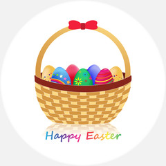 Wicker Basket with Easter Eggs isolated on White background. Happy Easter. Vector Illustration.