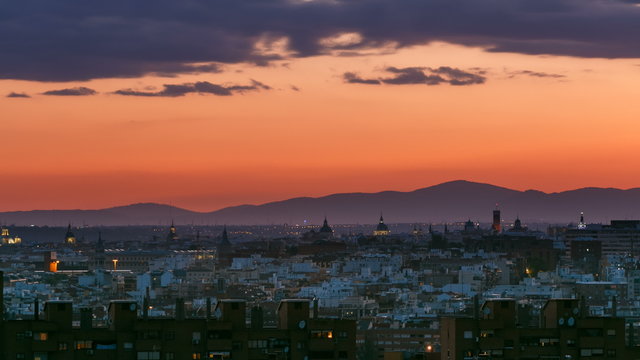 Day to night timelapse View of Madrid, Spain. Photo taken from the hills of Tio Pio Park, Vallecas-Neighborhood.