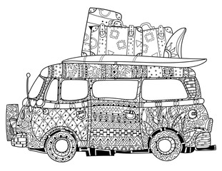 Hand drawn doodle outline retro bus travel decorated with ornaments.Vector zentangle illustration.Floral ornament.Sketch for tattoo or coloring pages.Boho style.