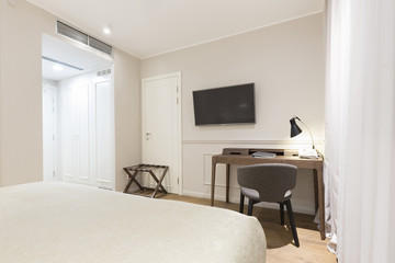 Interior of a luxury hotel bedroom in night