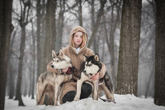 A Teen Girl With Two Husky Dogs 