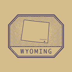 Stamp with the name and map of Wyoming, United States