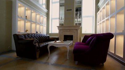 Living room with large window fireplace and sofas. View showcase of modern elegant luxury apartment interior design decoration of area living rooms in stylish contemporary feel house. Home furnishings