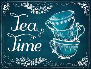 Invitation to the tea party. Retro illustration Tea Time with cute cups