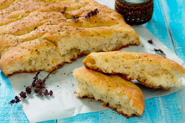 Italian focaccia bread with cheese, selective focus.