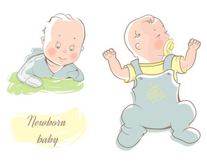 Newborn baby boy and sleeping baby. Vector Illustration isolated on white background.