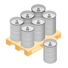 Isometric beer kegs on wooden pallet. Vector