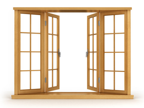 Wooden open window isolated on white background