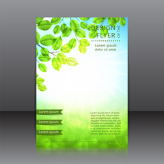 Vector design of the flyer with leaves and sun. Vector spring day background with sunshine.Poster template for your business in A4 size.