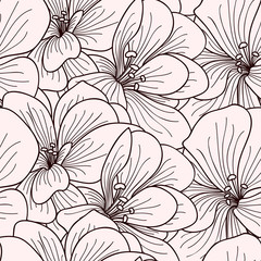 Beige and brown geranium flowers line drawing seamless pattern