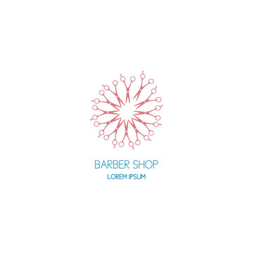 Concept of template logo barbershop in a dandelion shape. Symbol of barbershop with scissors.