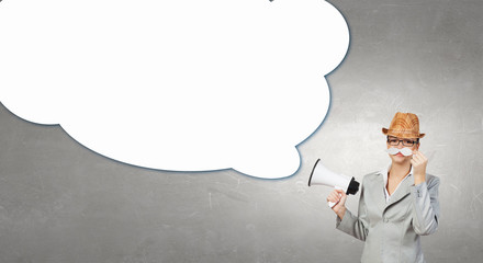 Businesswoman trying paper mustache