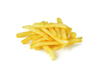 a pile of appetizing french fries on a white background