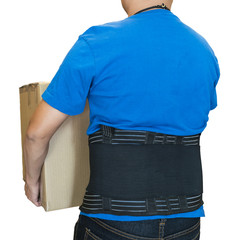 Man lift heavy carton wearing support belt for protect back