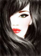 Obrazy na Szkle  Piękna twarz kobiety. Długie zdrowe włosy. Abstrakcyjna akwarela ilustracja moda