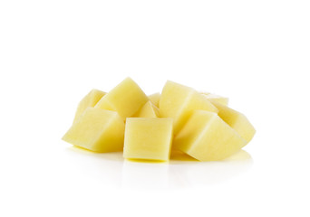 Sliced, peeled raw potatoes on white background
