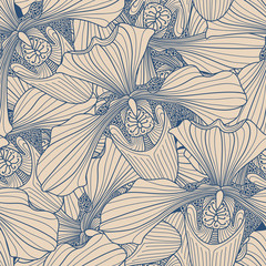 Beige en blauwe orchideebloem naadloos patroon