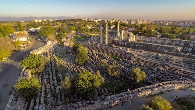 Aerial view of the Apollo Temple, Didim, Turkey, 4k.