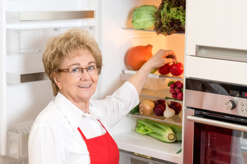 Hausfrau an ihrem neuen Kühlschrank