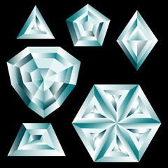 Set of diamond crystals on black background