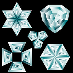 Set of diamond crystals on black background