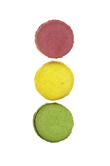 top view three macaroons isolated on white