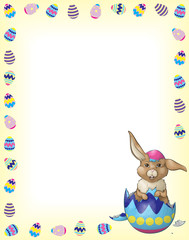 A vector illustration of a little brown bunny inside a colorfully painted Easter egg shell on a white to yellow background with and Easter egg boarder. There's a large area for text.
