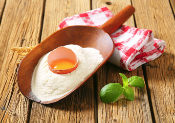 Flour and fresh egg in a scoop