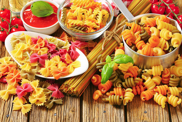 Assortment of colored pasta